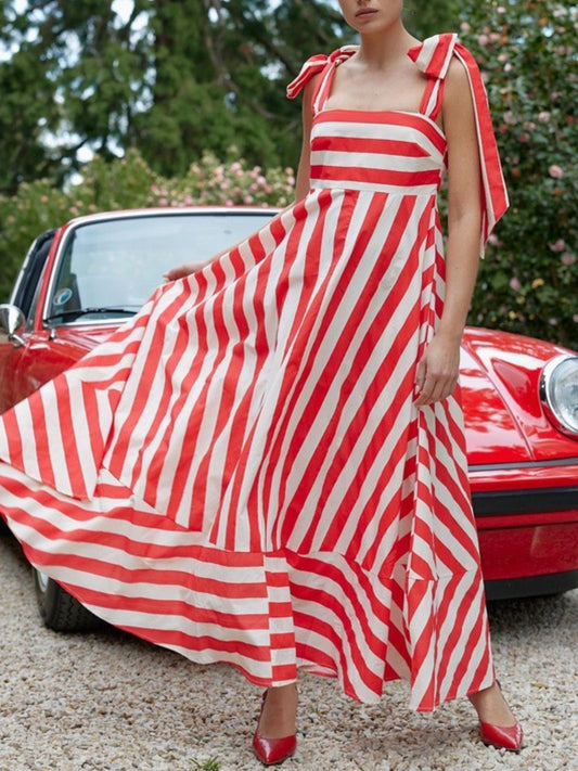 Striped Square Neck Wide Strap Dress Red