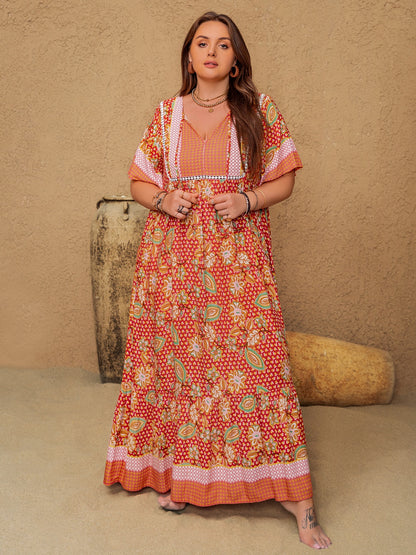 Plus Size Printed Tie Neck Flutter Sleeve Maxi Dress Coral