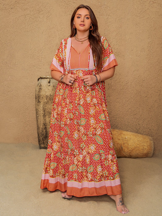 Plus Size Printed Tie Neck Flutter Sleeve Maxi Dress Coral