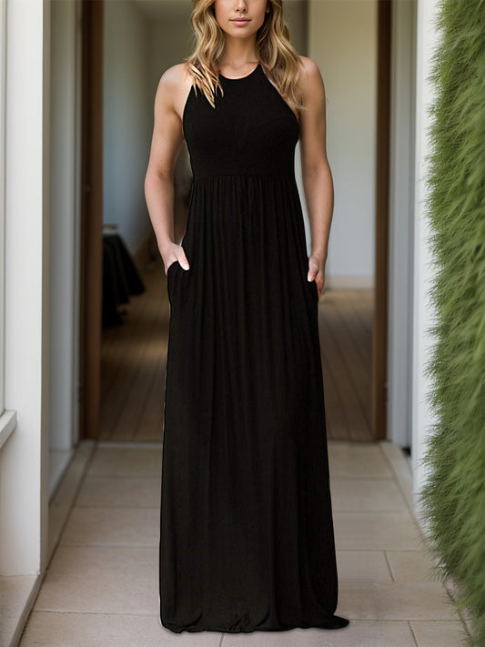 Pocketed Round Neck Sleeveless Dress Black