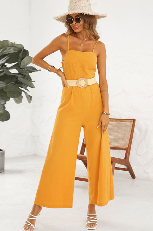 Shiny Cutout Spaghetti Strap Tie Back Wide Leg Jumpsuit Gold