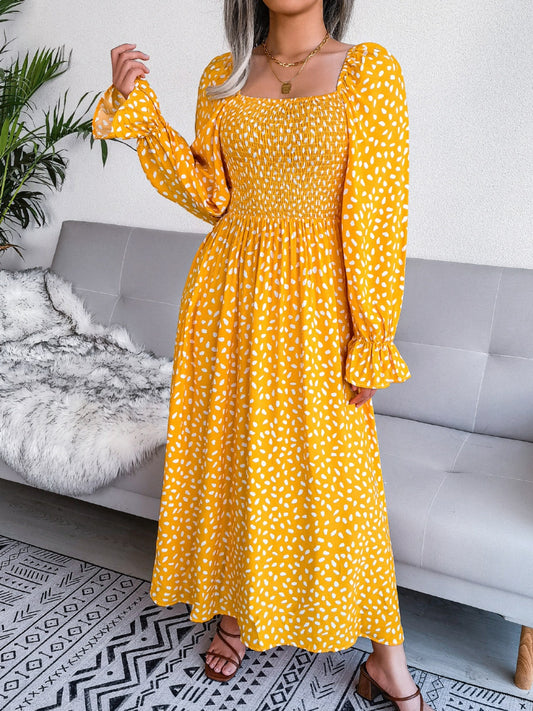 Smocked Square Neck Flounce Sleeve Dress Gold