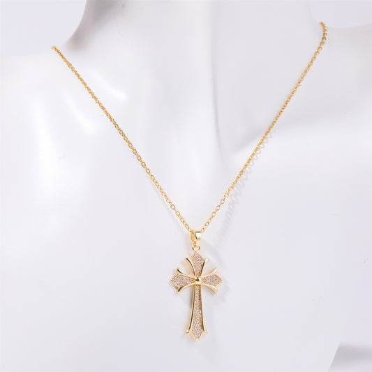 Stainless Steel Inlaid Zircon Cross Necklace Style A One Size