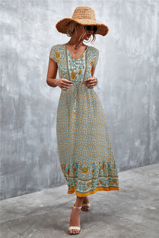 V-Neck Short Sleeve Printed Maxi Dress Beige