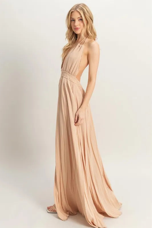 HYFVE Halter Neck Fitted Waist Flowy Maxi Dress