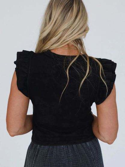 Ruffled Crew Neck Slim Fit Top