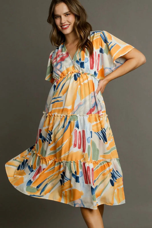 Umgee Full Size Abstract Print Flutter Sleeve Frill Tiered Midi Dress Plus Size TANGERINEMIX