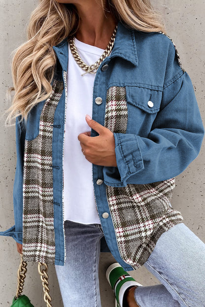 Plaid Pocketed Button Up Denim Jacket Deep Teal