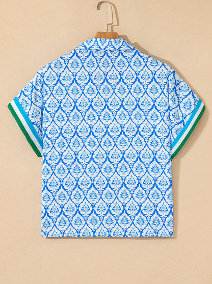 Western Print Zipped Collar Short Sleeve Summer Blouse Top