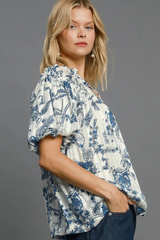 Umgee Full Size Floral Print Metallic Ruffle Blouse Plus Size