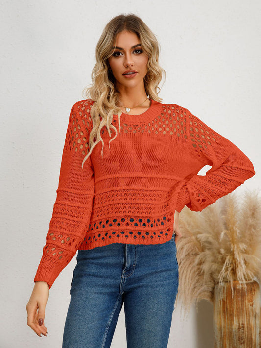 Cutout Round Neck Knit Top Orange-Red