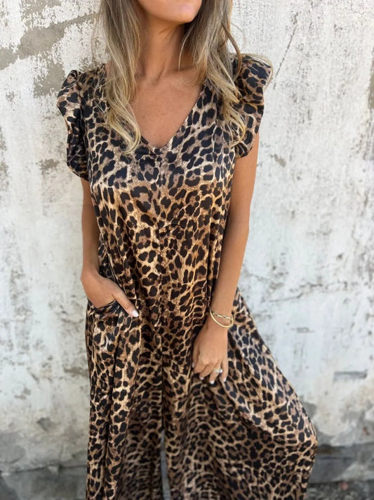 Full Size V-Neck Cap Sleeve Wide Leg Jumpsuit Plus Size Leopard