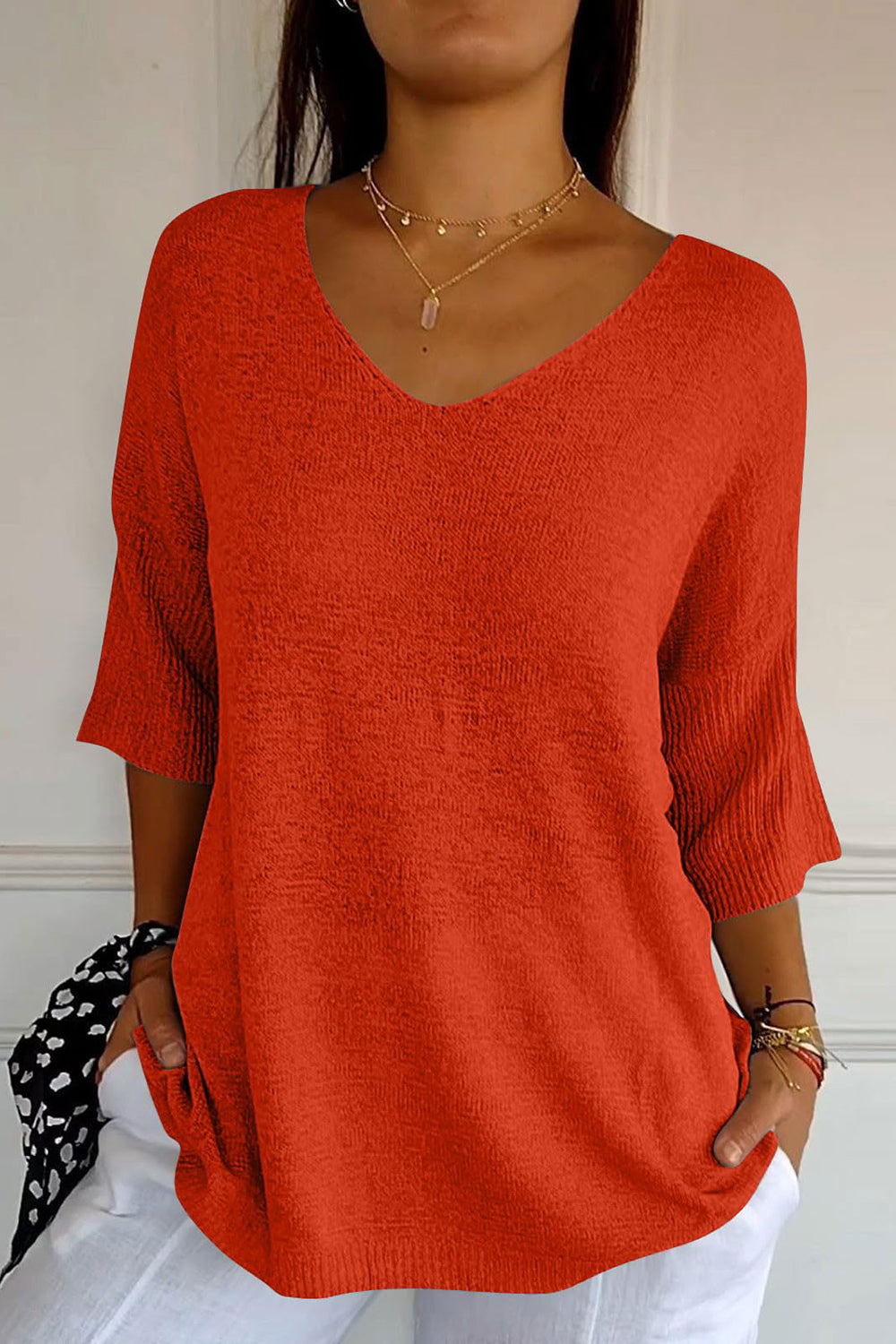 V-Neck Three-Quarter Sleeve Knit Top Red One Size
