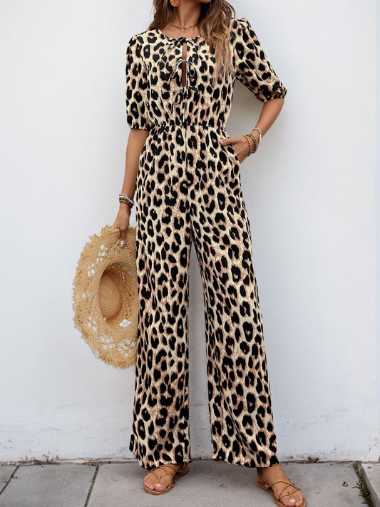 Perfee Tied Leopard Half Sleeve Jumpsuit Leopard