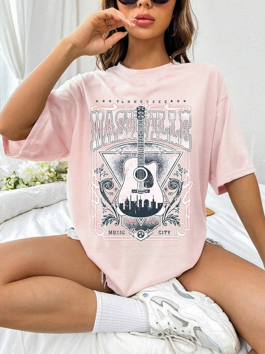 Guitar Graphic Round Neck Half Sleeve T-Shirt Blush Pink