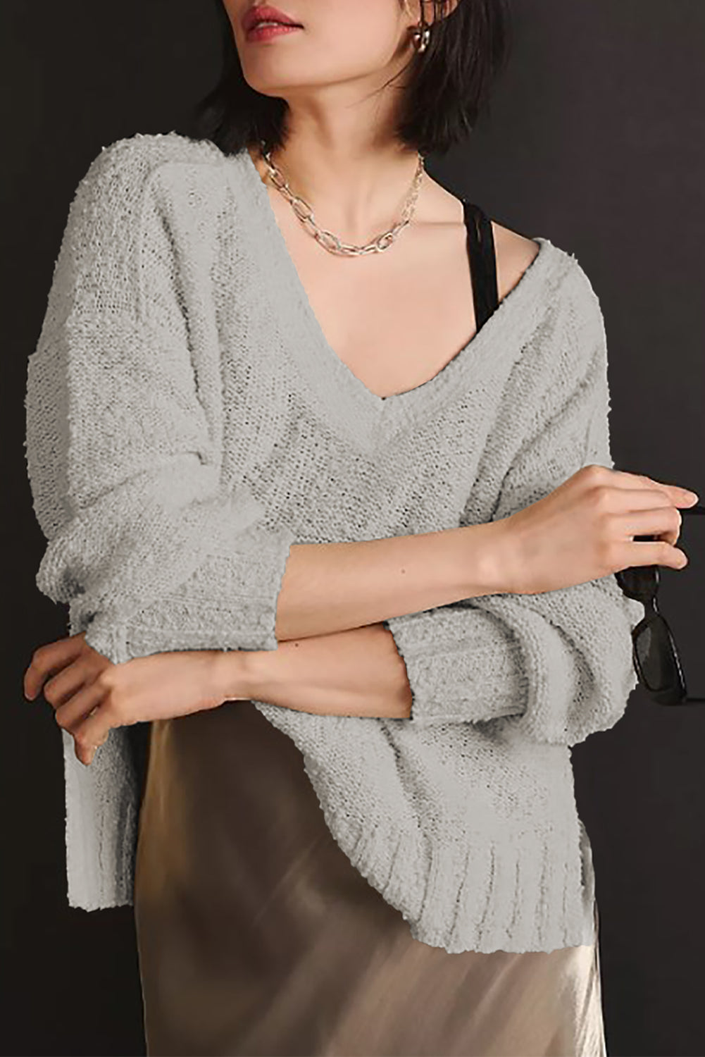 V-Neck Dropped Shoulder Sweater Gray
