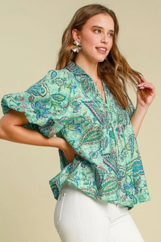 Umgee Full Size Woven Abstract Print Johnny Collar Puff Sleeve Blouse Plus Size