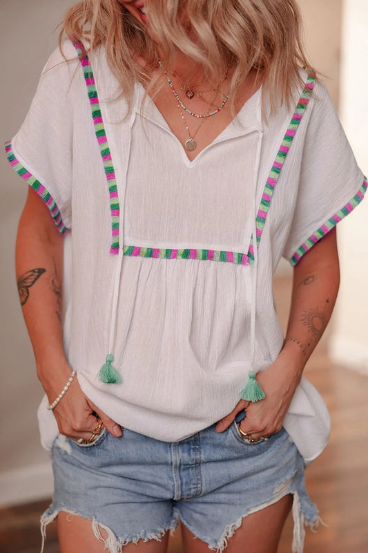 Tassel Tie Neck Short Sleeve Blouse White