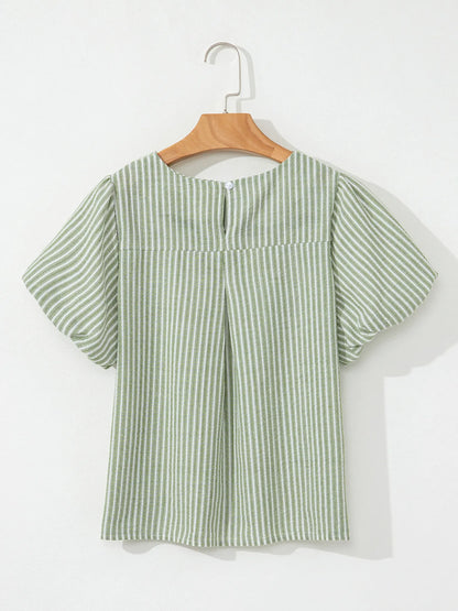 Stripe Textured Round Neck Short Puff Sleeve Blouse