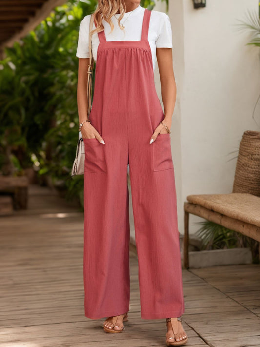 Perfee Square Neck Wide Strap Overalls Strawberry
