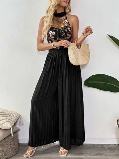 Floral Embroidered Halter Neck Pleated Jumpsuit Black