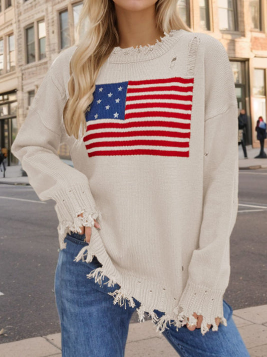US Flag Distressed Round Neck Long Sleeve Sweater Cream