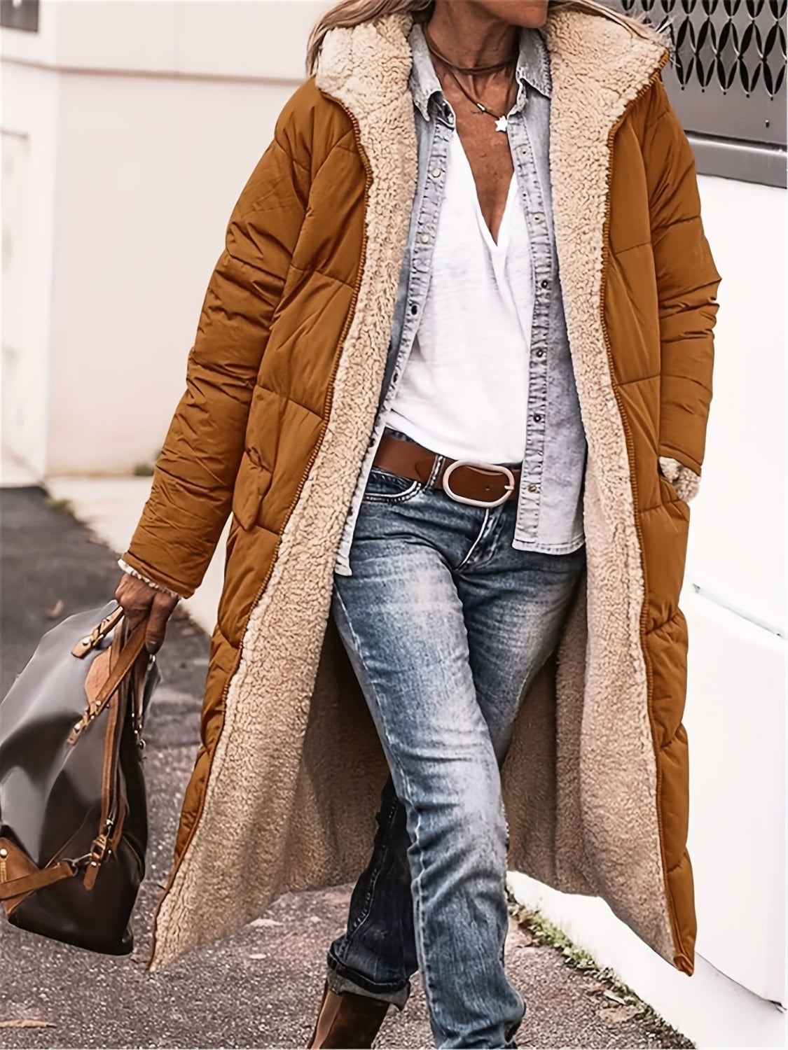 Full Size Zip Up Sherpa Hooded Coat Caramel