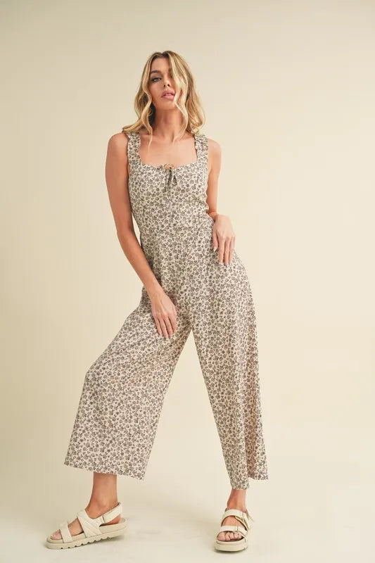 Aemi + Co Floral Sweetheart Neck Wide Leg Jumpsuit Ivory