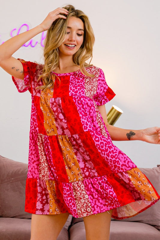 BiBi Leopard Short Sleeve Tiered Dress Red Fuchsia