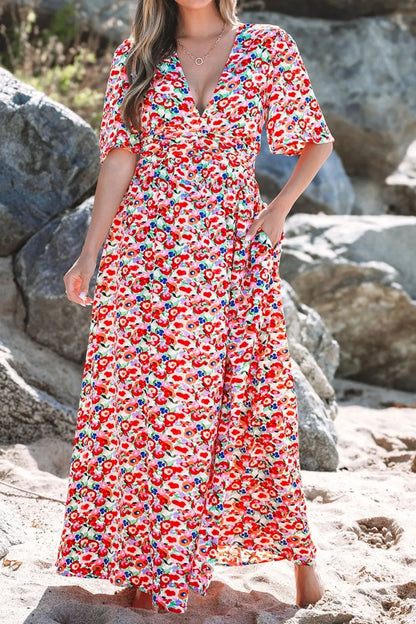 Floral Half Sleeve Deep V Neck Cutout Back Maxi Dress Floral