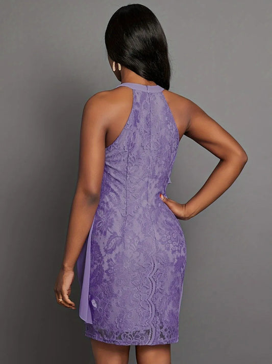Halter Neck Layered Lace Mini Dress