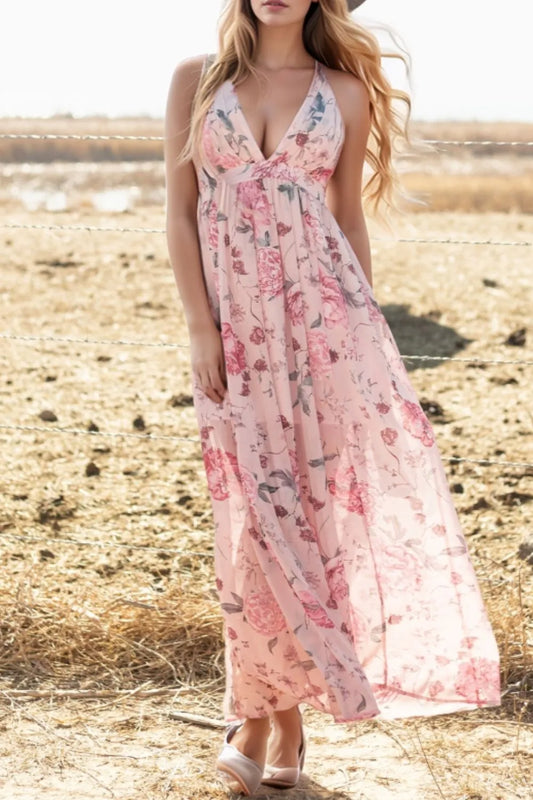 Floral Pleated Deep V Backless Maxi Dress Blush Pink