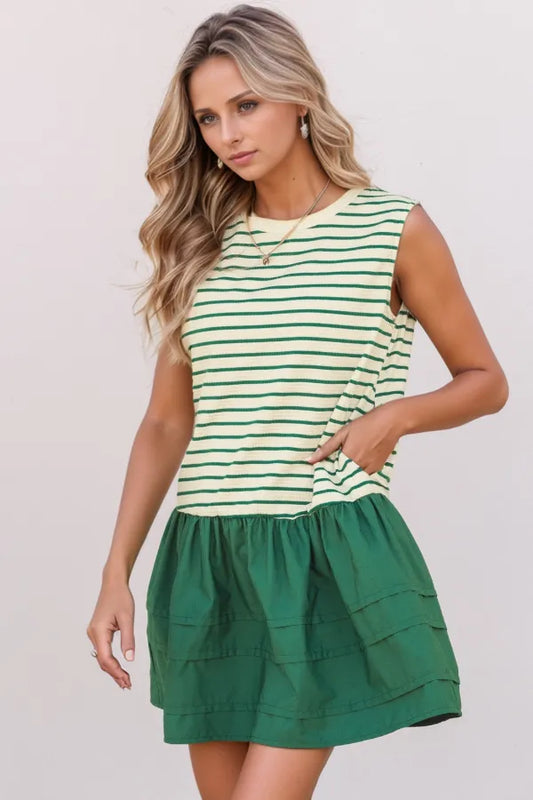Stripe Woven Sleeveless Mini Dress Dark Green