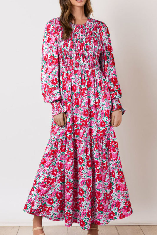 Printed Round Neck Lantern Sleeve Maxi Dress Pink