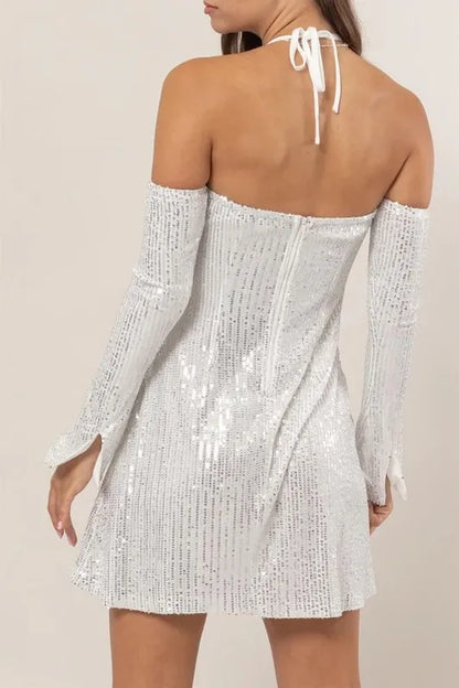 HYFVE Sequin Rosette Halter Mini Dress