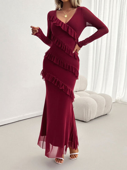Devine Ruffled Surplice Long Sleeve Maxi Dress Burgundy