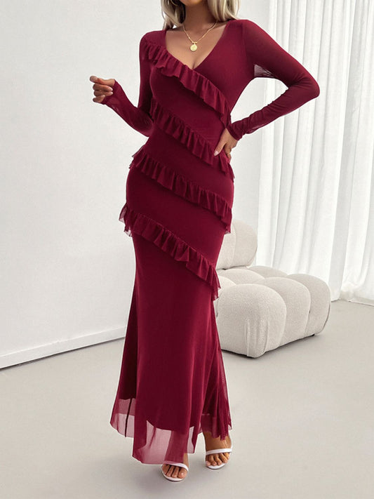 Devine Ruffled Surplice Long Sleeve Maxi Dress Burgundy