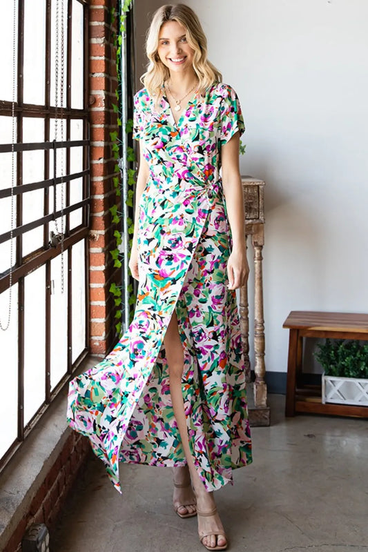 First Love Slit Printed Surplice Tie Waist Short Sleeve Dress MULTI