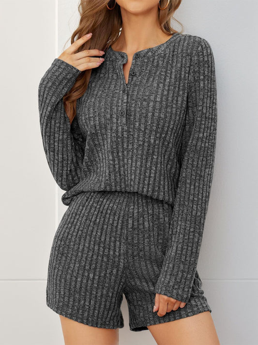 Ribbed Round Neck Top and Shorts Set Dark Gray