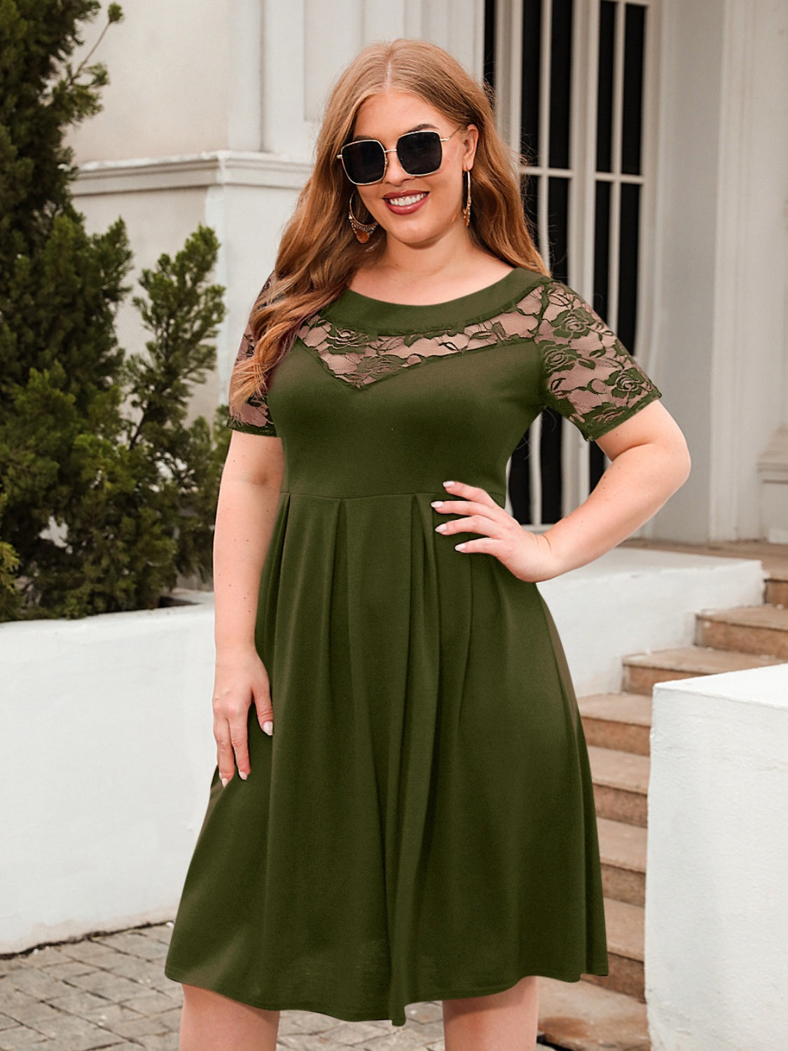 Plus Size Ruched Round Neck Short Sleeve Dress Army Green