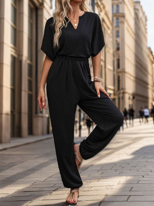 Perfee Notched Half Sleeve Straight Jumpsuit Black