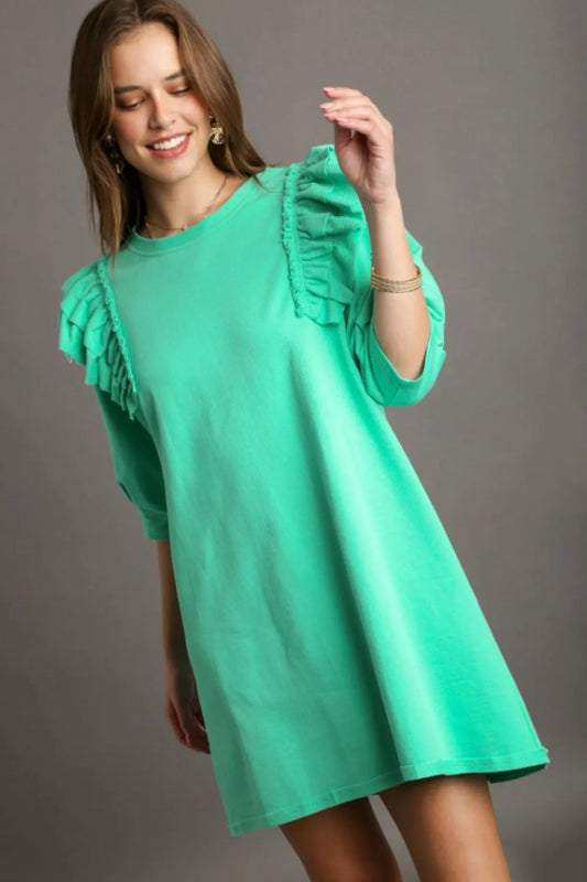 Umgee Full Size French Terry Ruffles Sleeve with Pleats Plus Size UMG-EMERALD