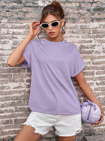 Perfee Round Neck Cuffed Sleeve T-Shirt Lavender