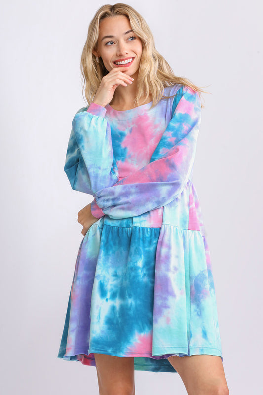 Umgee Full Size Tie Dye Round Neck Long Sleeve Babydoll Tiered Dress Plus Size TEAL PINK