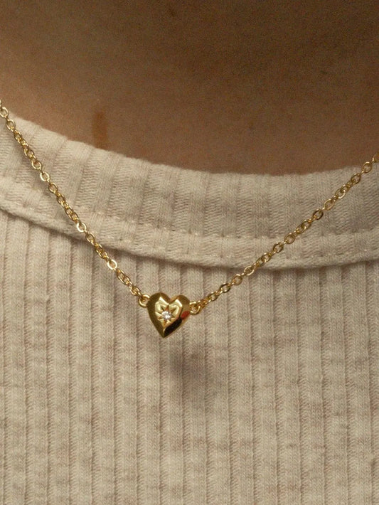 Zircon Heart Pendant Necklace Gold One Size