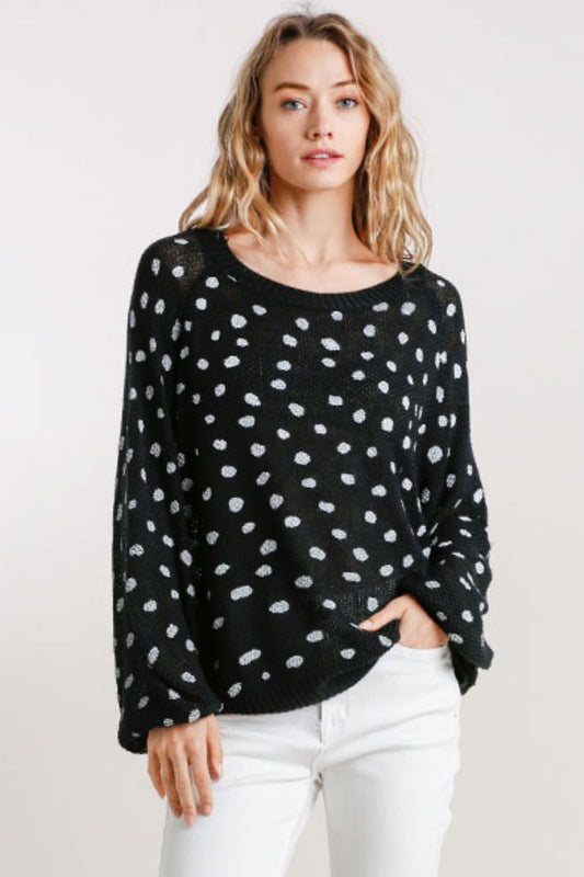 Umgee Full Size Dalmatian Hand Stamped Round Neck Sweater Plus Size Black
