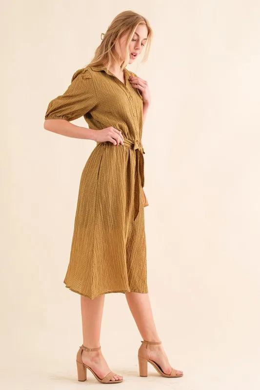 And The Why Waffle Textured Ribbon Waist Midi Dress