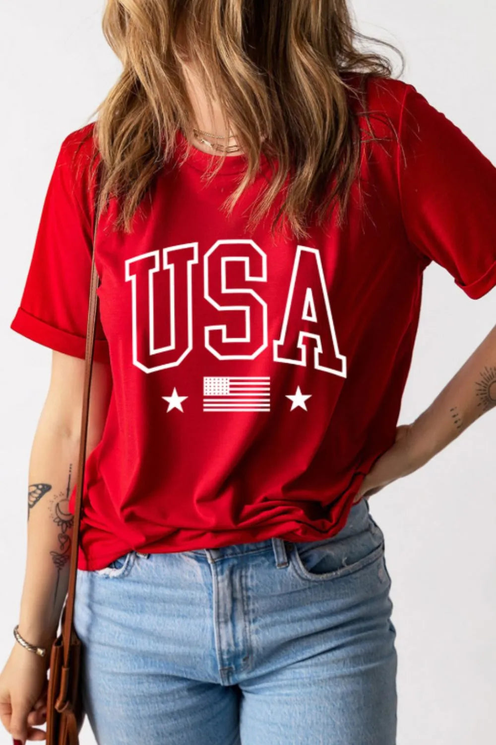 USA American Flag Crewneck T Shirt Red