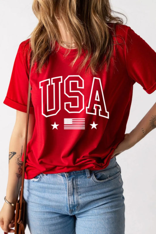 USA American Flag Crewneck T Shirt Red
