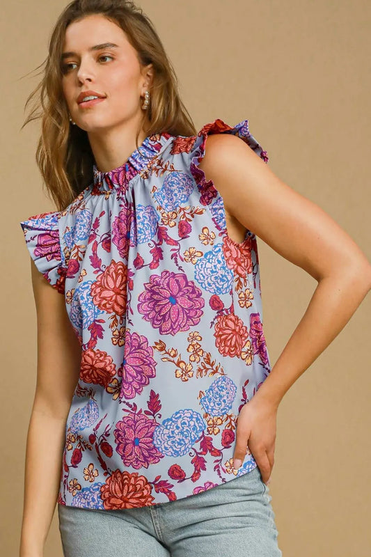 Umgee Full Size Floral Print Ruffled Cap Sleeve Blouse Plus Size Light Blue